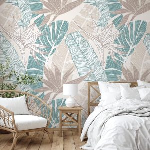 1set Leaf Print Wall Paper, Modern Tropical Leaf Print Waterproof Wall Adhesive Roll For Home Decoration Multicolor