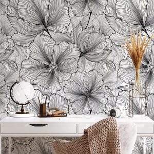 3pcs/set Black And White Abstract Pattern Plant & Flower Textured Moistureproof Wallpaper Self-adhesive Waterproof Wall Sticker For Home Decoration Living Room Bedroom Dining Room Background, Each Piece Measures 47.24x15.75 Inches Black and White