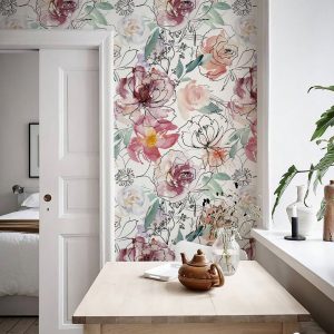 17.32*393.7 Inch /17.32*118.11 Inch Hand-Painted Watercolor Flower Renovation Furniture Covering Sticker White Self-Adhesive Wallpaper PVC Waterproof Floral Removable Home Decoration Pink Peel And Stick Wallpaper White