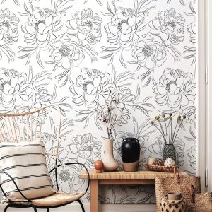 1pc,17.7*118in,HAOKHOME Floral Peel And Stick Wallpaper,Vintage Flower Wallpaper,Black And White Wallpaper,Removable Wallpaper,Sketch Floral Contact Paper For Bedroom,Living Room,Kitchen,Home Decor Black and White