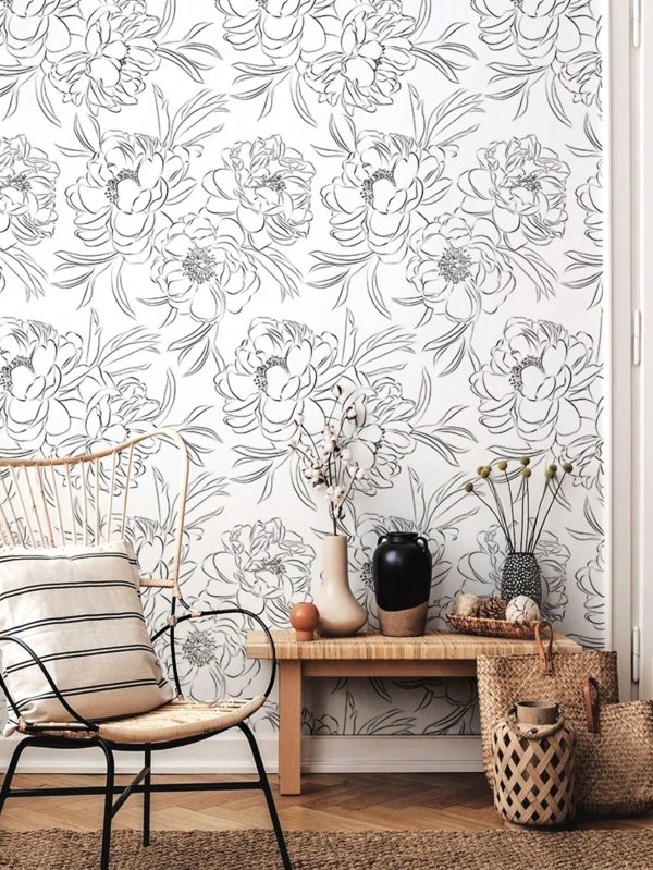 1pc,17.7*118in,HAOKHOME Floral Peel And Stick Wallpaper,Vintage Flower Wallpaper,Black And White Wallpaper,Removable Wallpaper,Sketch Floral Contact Paper For Bedroom,Living Room,Kitchen,Home Decor Black and White