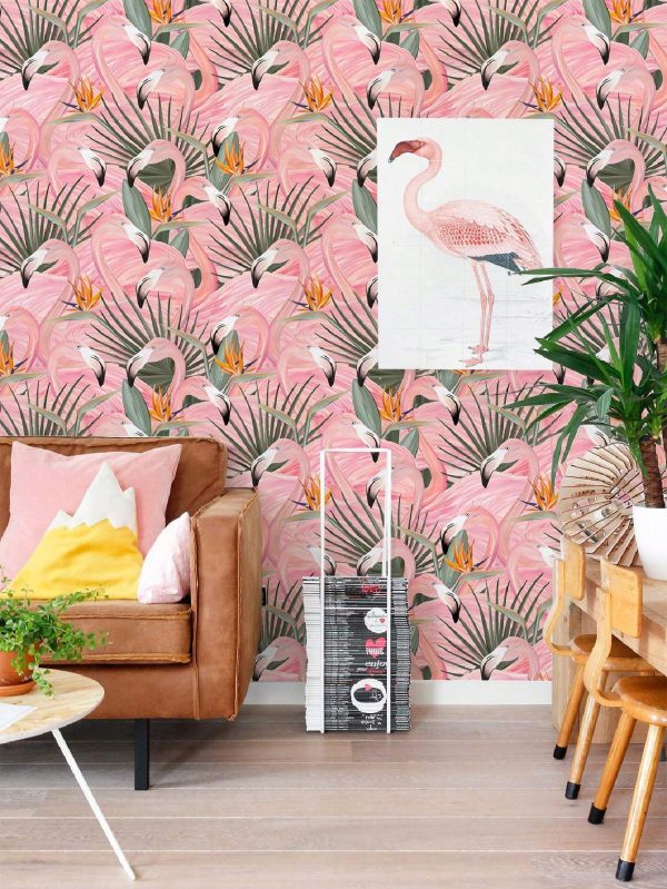 1pc,17.7*118in,HAOKHOME Pink Flamingo Wallpaper, Tropical Leaf Self Adhesive Wallpaper, Peel And Stick Wallpaper, Boho Removable Wallpaper, Contact Paper For Cabinet,Bedroom,Home Decor Pink