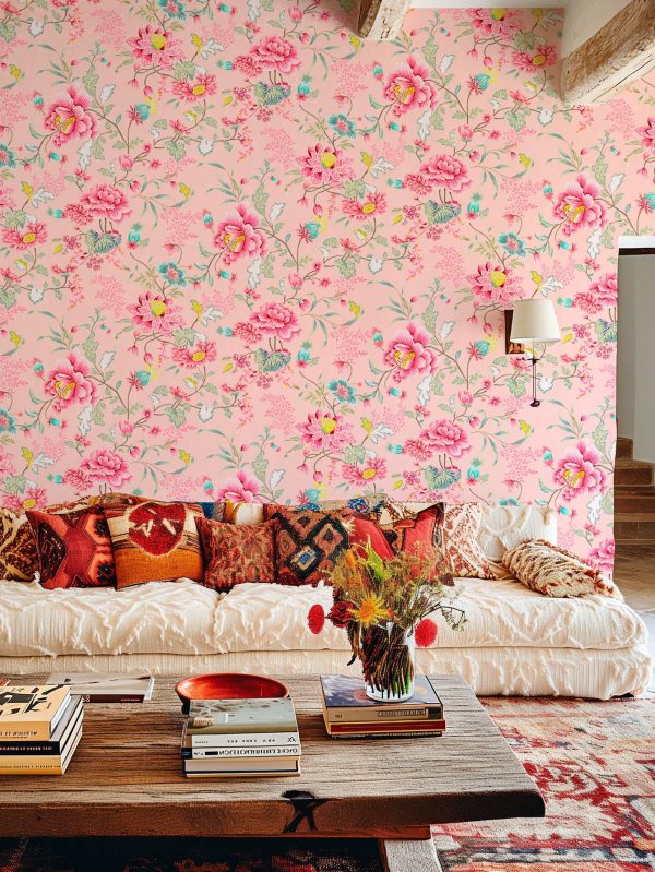 Classic Pink Floral Peel And Stick Wallpaper, Removable Plant Wall Sticker, Renovation Mural, Waterproof Room Decor, Wall Art, Home Decor, 17.7 Inch * 9.8 Feet Multicolor