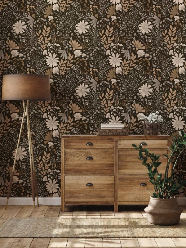 17.7 Inches * 6.5/9.8 Feet *1pc Brown Bohemian Floral Peel And Stick Wallpaper, Waterproof Removable, Wall Stickers, Home Decor, Wall Art, Wall Decor, Room Decor Multicolor