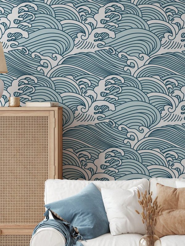 Artistic Waves Peel And Stick Wallpaper, Wall Stickers, Waterproof, Removable,Japanese Murals, For Living Room, Bedroom, Wall Art, Home Decor, Home Supplies 17.7 Inches * 9.8 Feet *1pc Blue and White