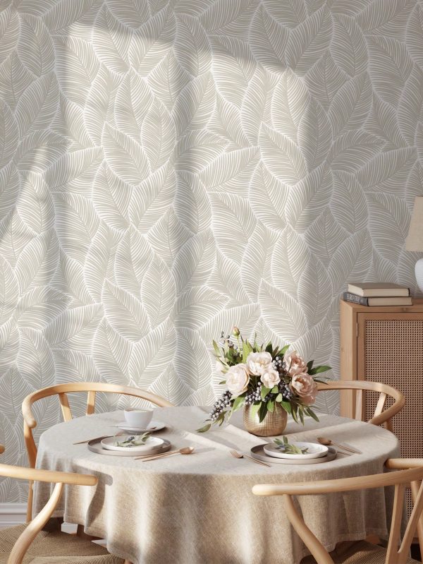 Shapes And Stripes Vinyl Wallpaper, Self-Adhesive Peel And Stick, Detachable Waterproof Wall Sticker, Straight Match Leaf Pattern For Room Decoration, 17.7 Inch By 6.5/9.8 Feet, 1pc Light Grey