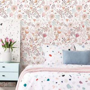 Fresh Pink/Green Art Flower Wallpaper, Peel And Stick Waterproof Renovation Wall Sticker, Removable Beautiful Mural, Home Decor, Wall Art, Wall Decoration 17.7 Inch * 6.5/9.8 Feet Multicolor