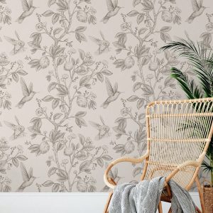 Hummingbird & Lemon Tree Peel-And-Stick Wallpaper - 44.96cm X 6.5/9.8' | Removable, Waterproof Vinyl Mural For Elegant Home Decor Light Grey