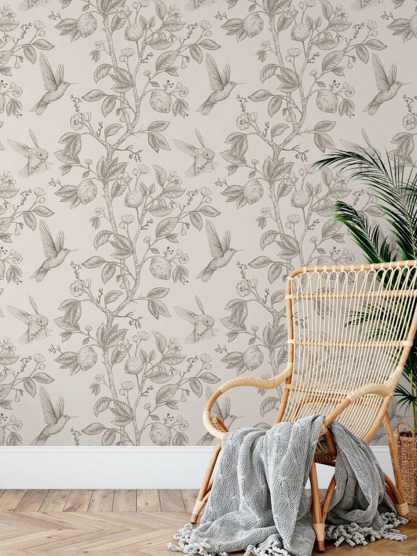 Hummingbird & Lemon Tree Peel-And-Stick Wallpaper - 44.96cm X 6.5/9.8' | Removable, Waterproof Vinyl Mural For Elegant Home Decor Light Grey