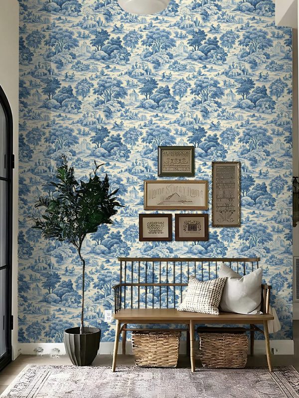 1Roll Retro French Farm Style Wallpaper, Blue Landscape Scenery Characters Farmhouse Self Adhesive Wall Sticker, Removable Peel And Stick Wall Paper, No Residue Remains, Waterproof Moisture-Proof Contact Paper For Bedroom Fireplace Living Room Background Staircases Home Wall Art Decor And Cabinet Furniture Renovation Refurbishment, Vintage Room Decor Aesthetic Multicolor