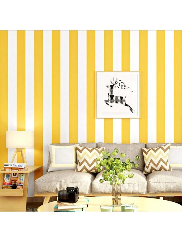 Q QIHANG Q QIHANG Non-Self Adhesive Modern Minimalist Vertical Striped PVC For Living Room Bedroom Tv Background Wallpaper Black White And Yellow White Color 1.73'W X 31.2'L Yellow White